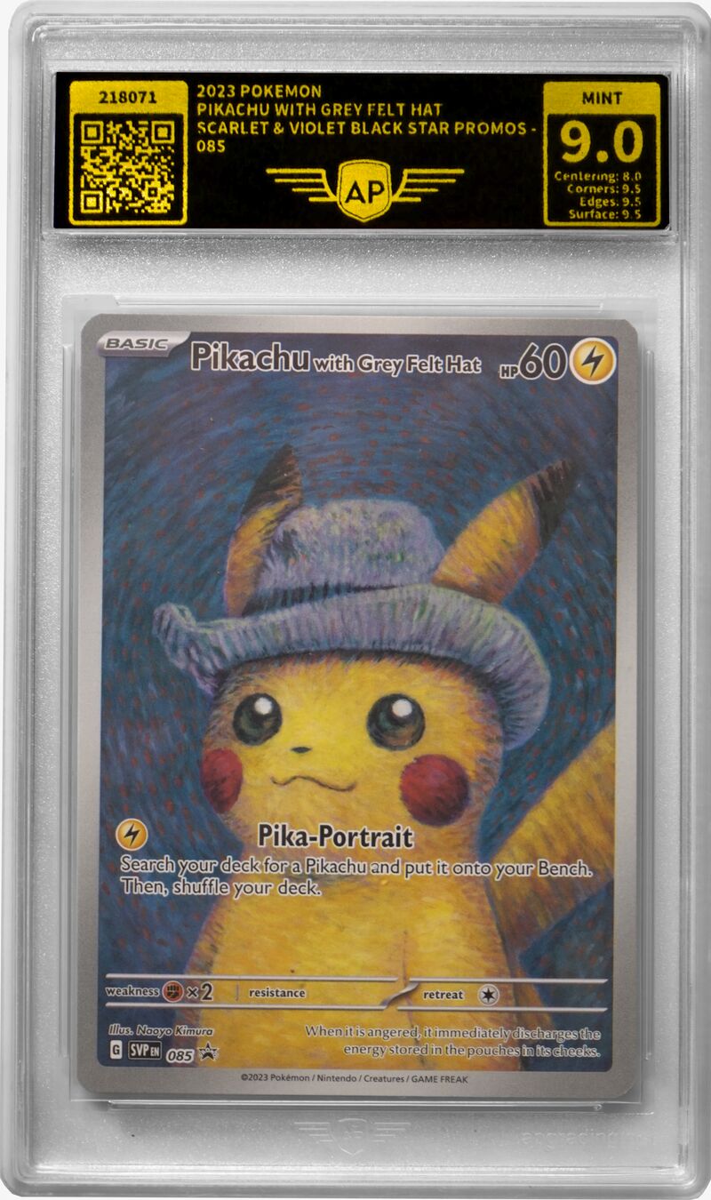Door AP Grading gegradede Pokémon-verzamelkaart ‘Pikachu with Grey Felt Hat’ in verzegelde AP-slab – grade MINT 9