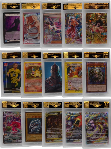 Raster van 15 slabs gegrade door AP Grading — Pokémon (incl. Charizard), One Piece, Yu-Gi-Oh! en sportkaarten met grades van 9.0 tot 9.5