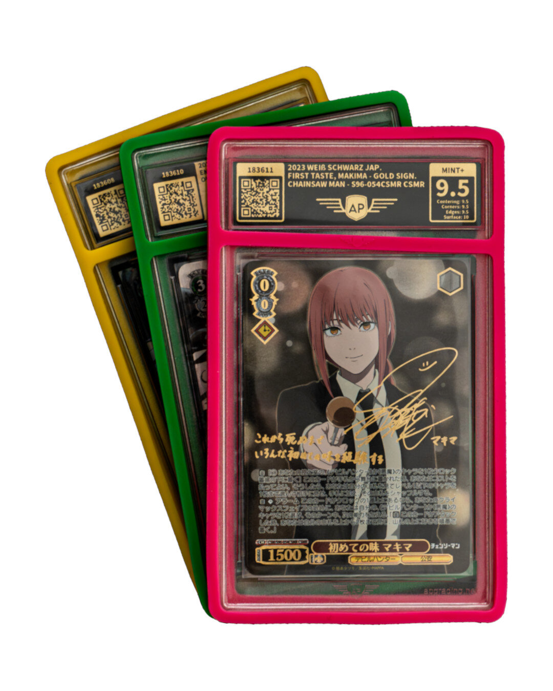 Drie AP-slabs in gekleurde frames — incl. Chainsaw Man, MINT+ 9.5 met gouden handtekening