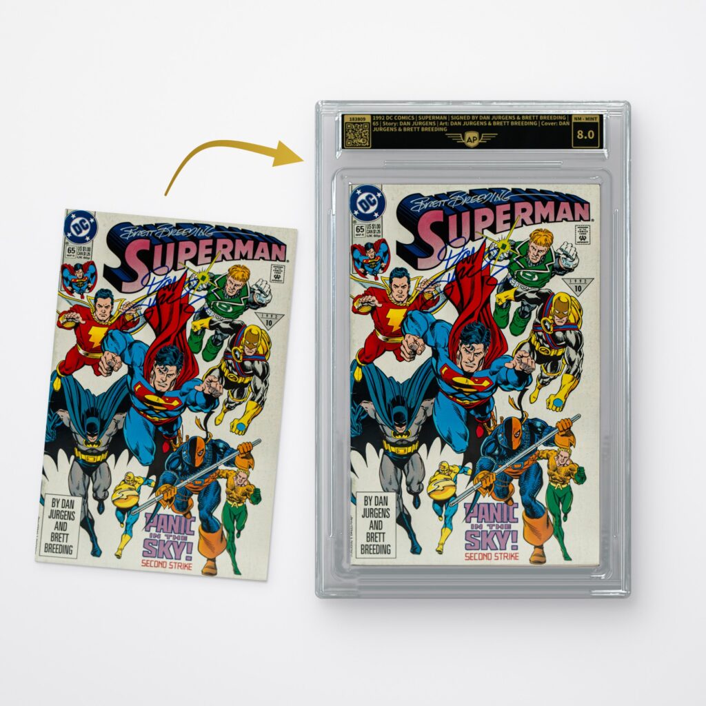 Comic- & box-topper-grading: comic vóór de grading en in de AP-comicslab met label en cijfer