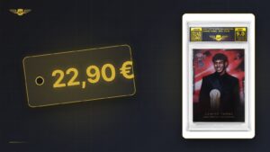 Preisschild 22,90 € pro Karte neben AP-Grading-Slab GEM MINT 10