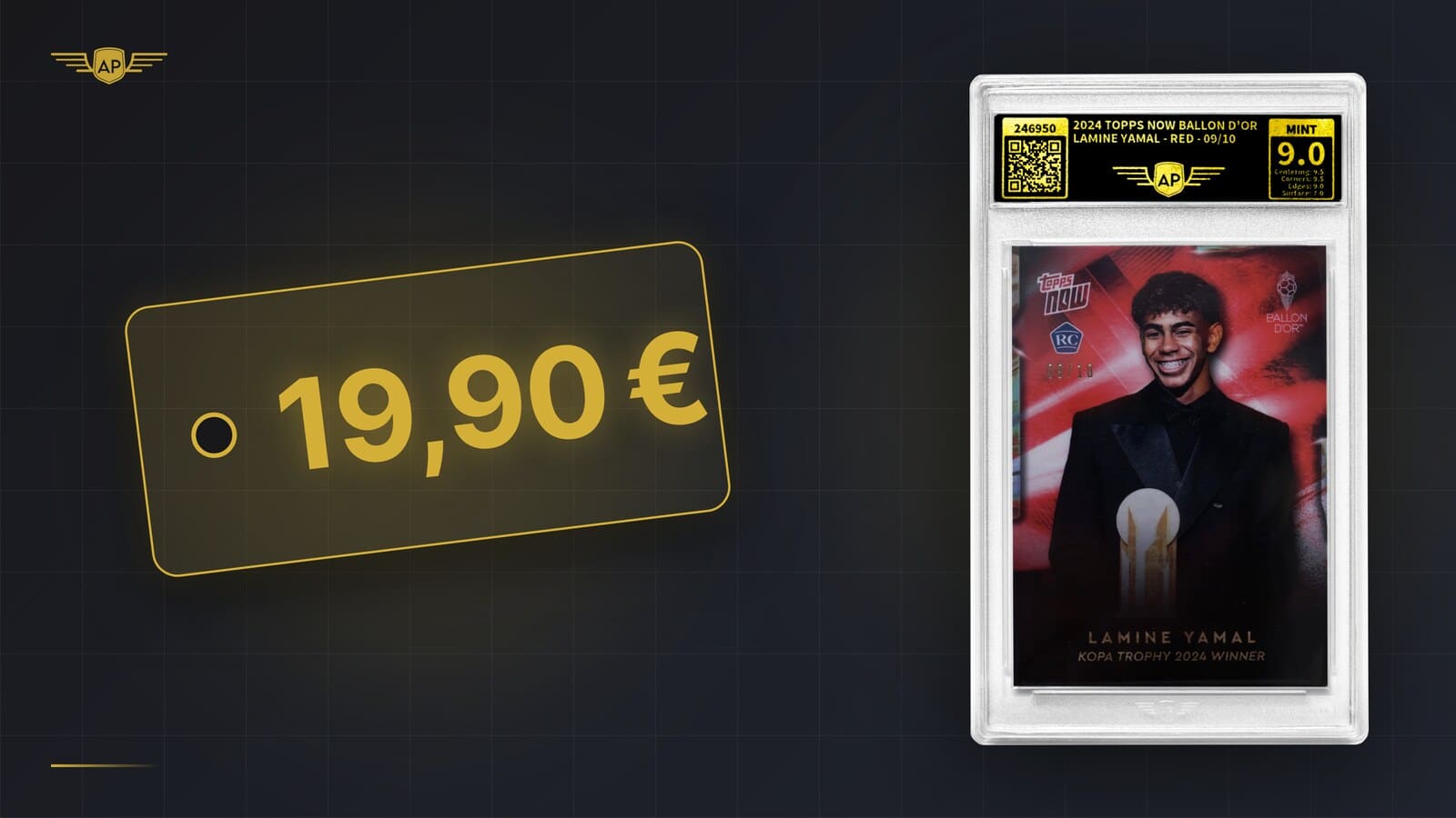 Preisschild 19,90 € pro Karte neben AP-Grading-Slab MINT 9