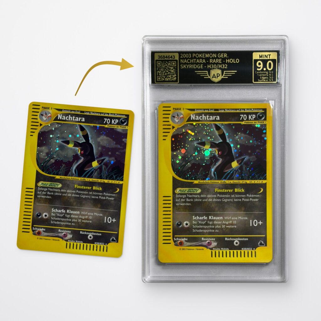 Kaarten-grading bij AP Grading: Pokémonkaart voor en na de grading in de AP Case met cijfer MINT 9.0